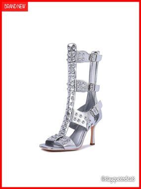 Studded Gladiator Heels Mid-Calf Cage Stiletto Sandals Faux Leather